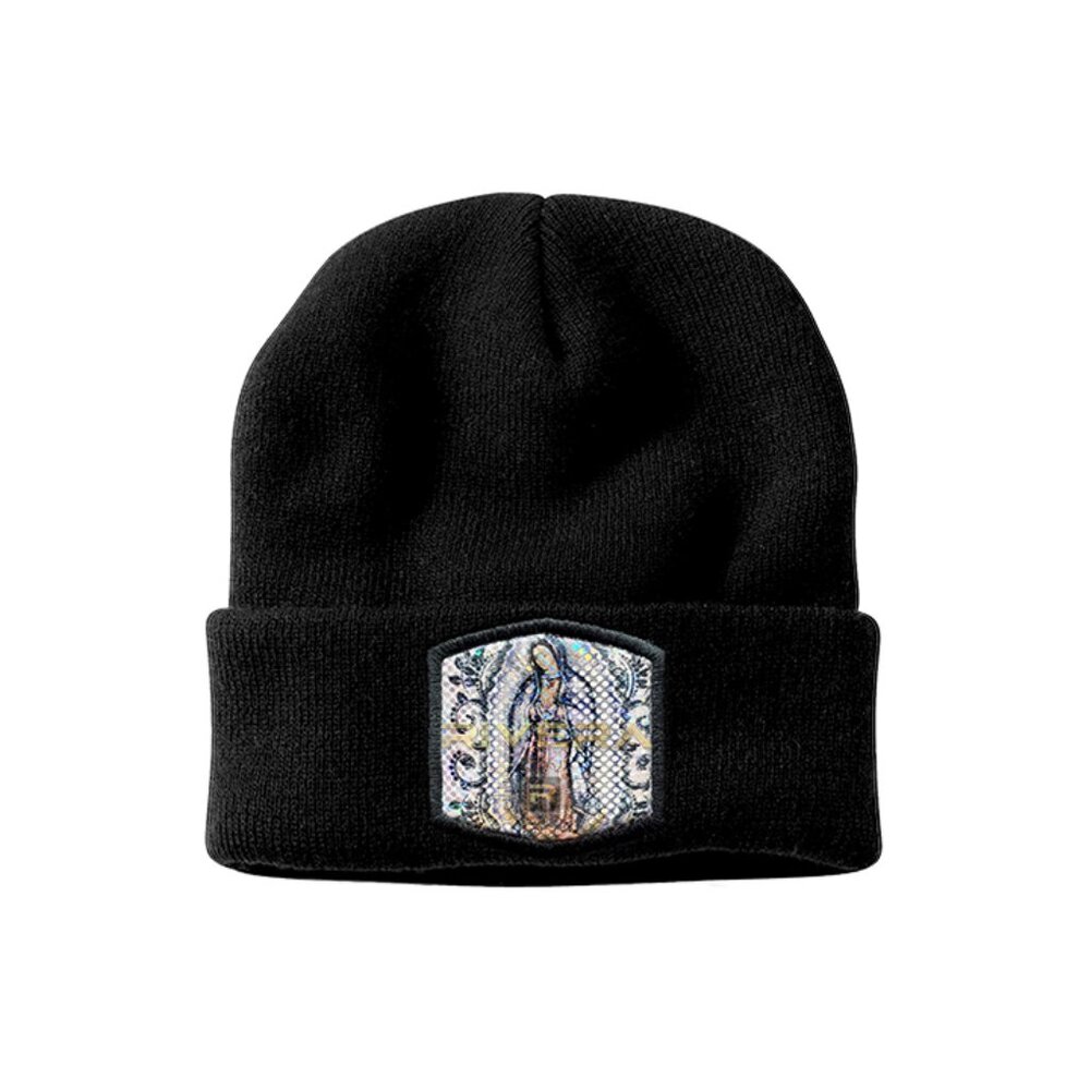 B Winter Knit Beanie, Virgen de Guadalupe Embroidered Patch, Shiny Metallic Cap